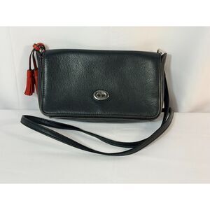 Tignanello Black Pebbled Leather Crossbody Shoulder Bag Red Tassel Chic Staple